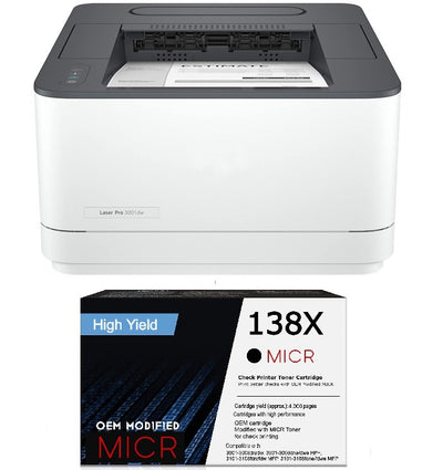 HP 3001dw LaserJet Pro Printer with 1 OEM 138X Modified MICR Cartridge (High Yield)