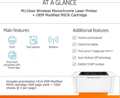 HP M110we LaserJet Check Printer Bundle with 1 OEM W1410A MICR Toner Cartridge